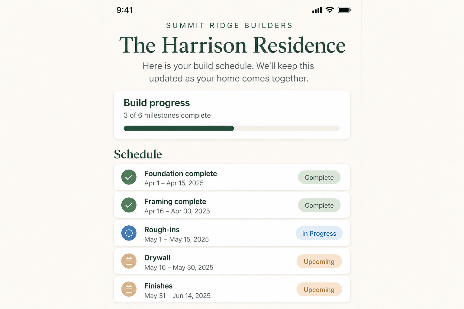 A homeowner viewing their build schedule on a phone — company name, project title, a build-progress bar, and a clean list of milestones with Complete, In Progress, and Upcoming status labels.